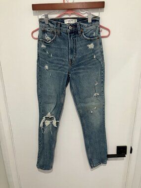 Abercrombie & Fitch Women's The Skinny High Rise Distressed Jeans, Blue, Size 24